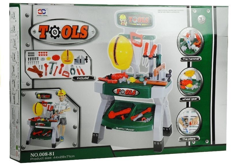 Vaikiškas darbo stalas su įrankiais, spaustuvu, DIY dirbtuvės rinkinys
