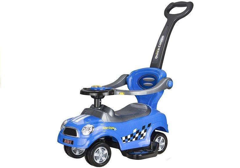 Keturvietis vaikiškas stumiamas automobilis su tėvų rankena, mėlynas