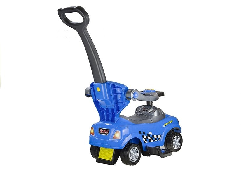 Keturvietis vaikiškas stumiamas automobilis su tėvų rankena, mėlynas