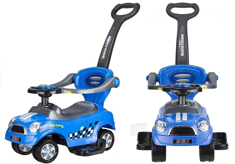 Keturvietis vaikiškas stumiamas automobilis su tėvų rankena, mėlynas