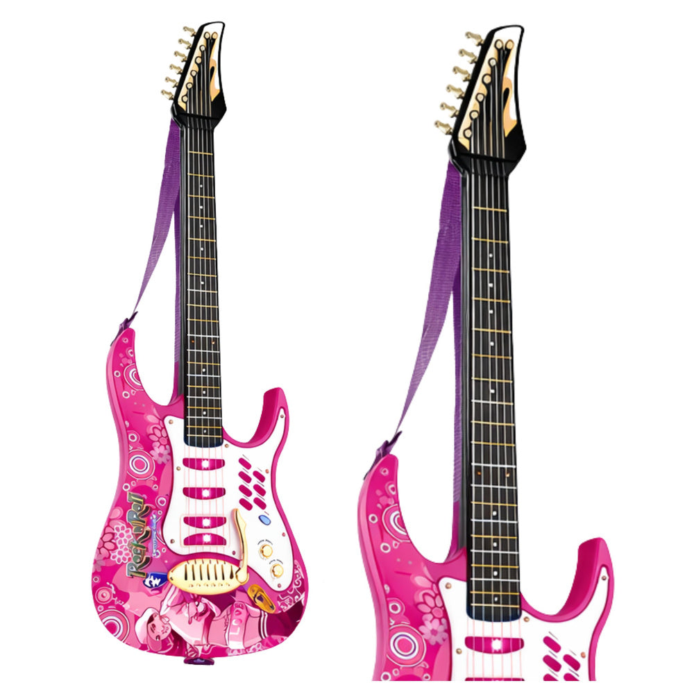 Rožinė elektrinė gitara su mikrofonu ir stiprintuvu