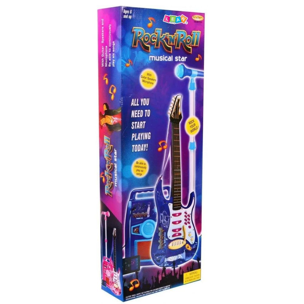 Rožinė elektrinė gitara su mikrofonu ir stiprintuvu