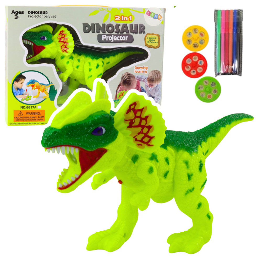 Dinozauro projektorius piešimui ir tapybai, 18 paveikslėlių, 2in1, su markeriais