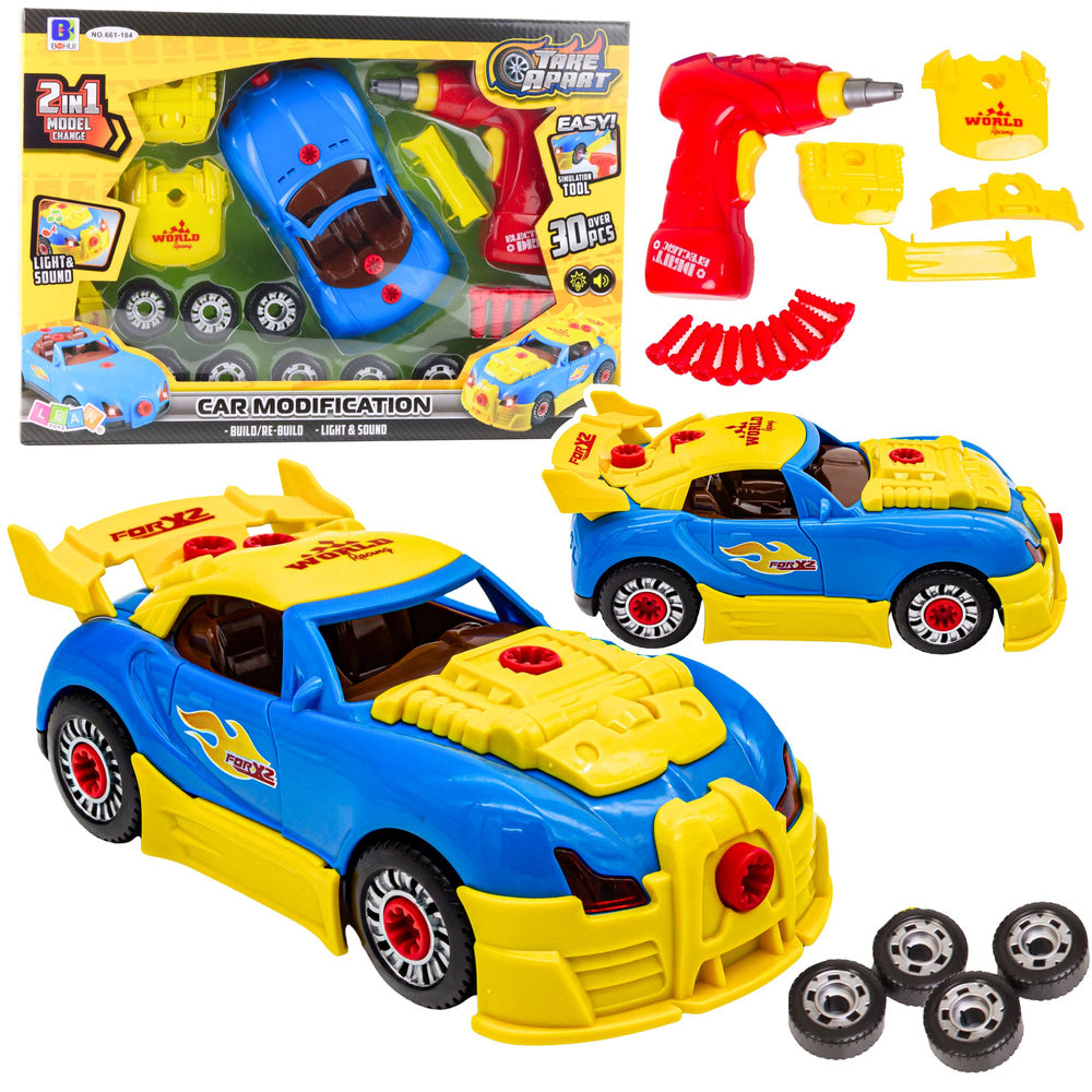 Mažojo mechaniko rinkinys: išardomas automobilis, atsuktuvas, šviesos, garsai