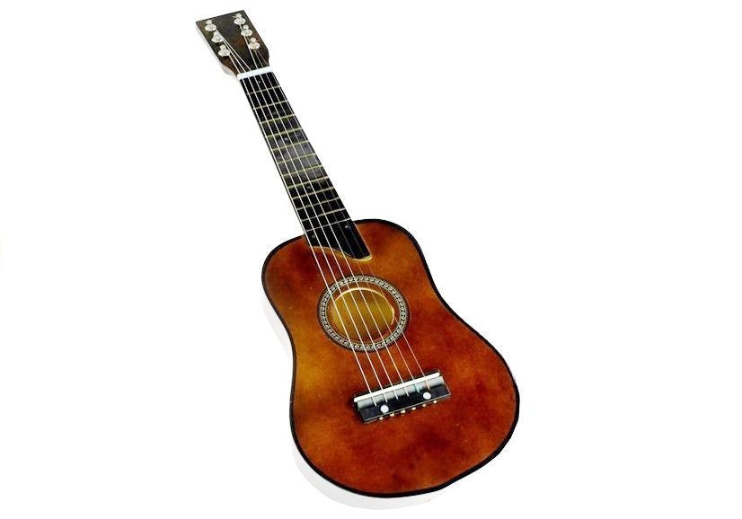 Tamsiai ruda medinė gitara, atrodanti kaip tikra