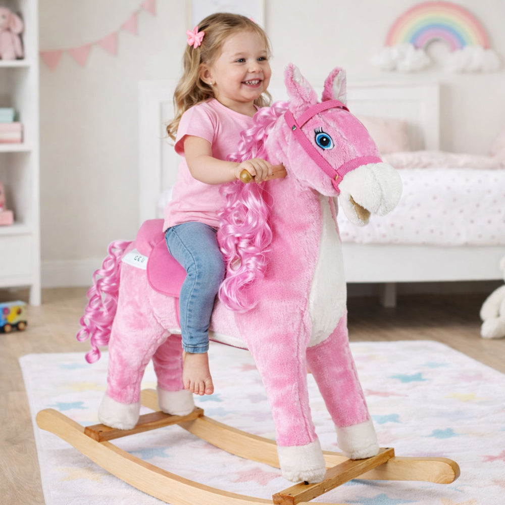 Supamas arkliukas su garsais, judančia burna ir uodega – rožinis 74 cm