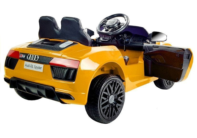 Audi R8 Spyder geltonas elektrinis vaikiškas automobilis