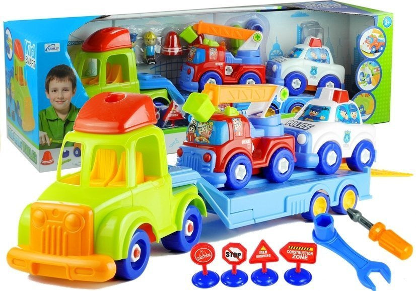 Transporto rinkinys – policija, gaisrinė, autovežis, priekaba, išardomas