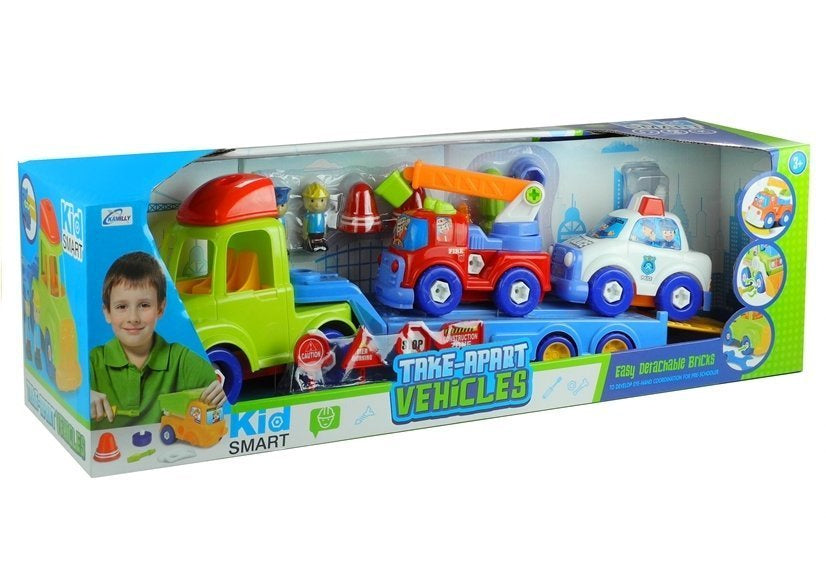 Transporto rinkinys – policija, gaisrinė, autovežis, priekaba, išardomas