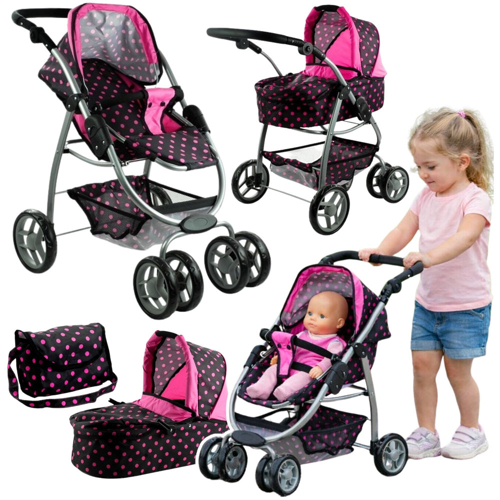2in1 lėlių vežimėlis Alice – juodas su rožiniais taškeliais