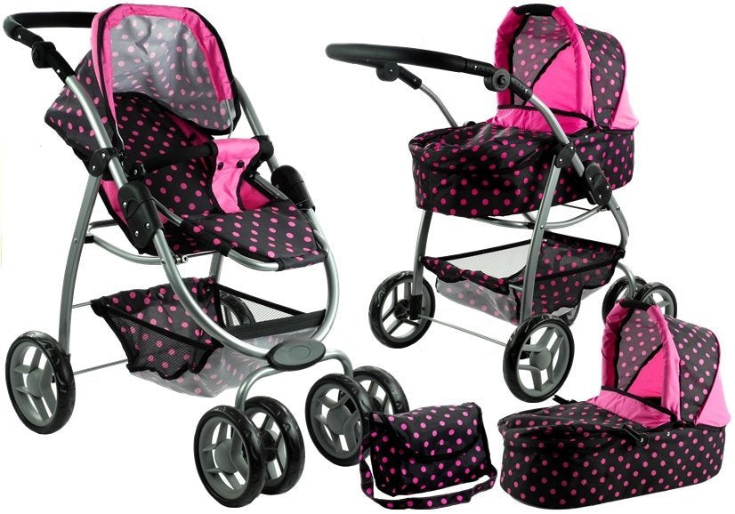 2in1 lėlių vežimėlis Alice – juodas su rožiniais taškeliais