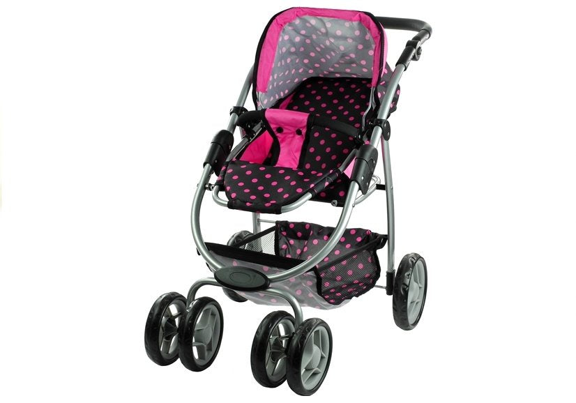 2in1 lėlių vežimėlis Alice – juodas su rožiniais taškeliais