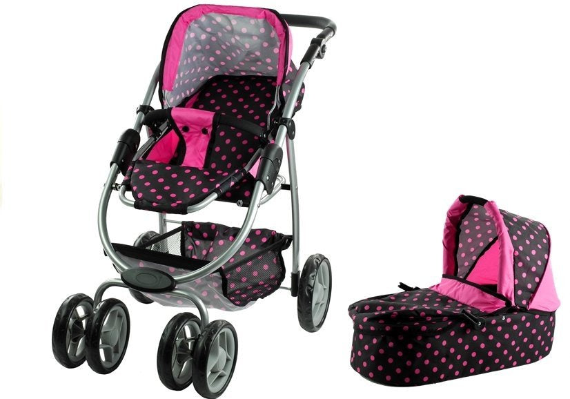 2in1 lėlių vežimėlis Alice – juodas su rožiniais taškeliais