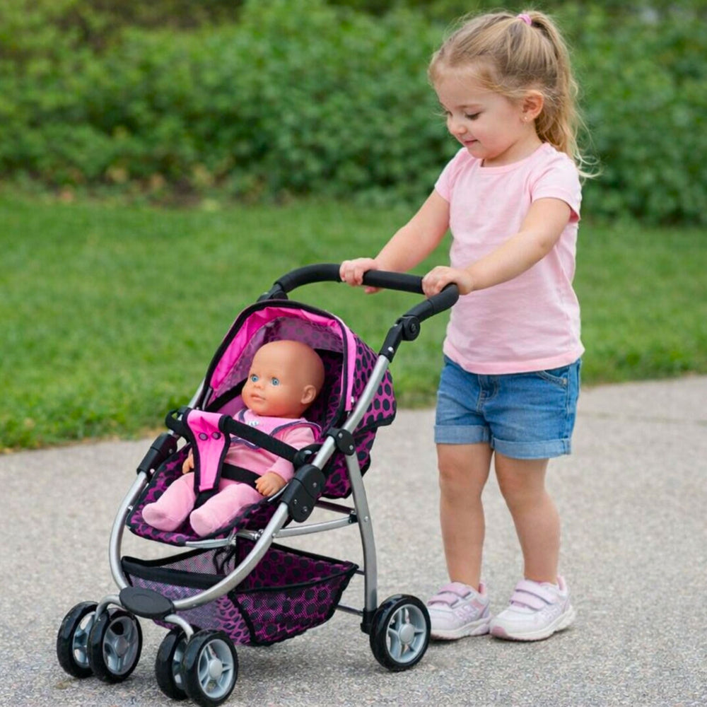 2in1 lėlių vežimėlis Alice – rožinis su juodais taškeliais
