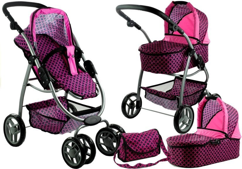 2in1 lėlių vežimėlis Alice – rožinis su juodais taškeliais