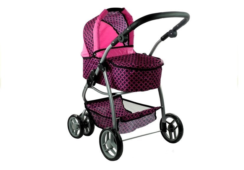 2in1 lėlių vežimėlis Alice – rožinis su juodais taškeliais