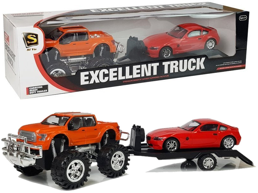 Transporto priemonių rinkinys: oranžinis monster truck + raudonas BMW + priekaba 58 cm