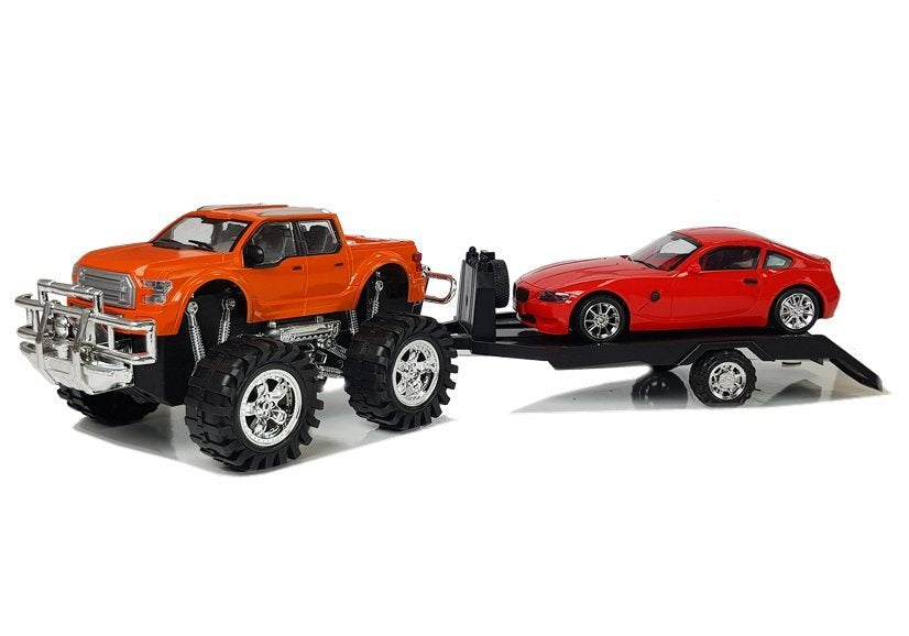 Transporto priemonių rinkinys: oranžinis monster truck + raudonas BMW + priekaba 58 cm