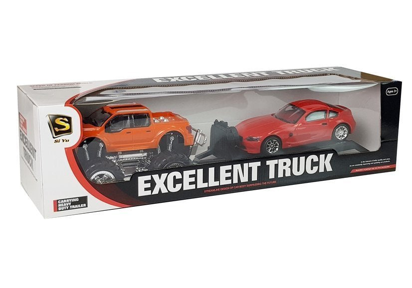 Transporto priemonių rinkinys: oranžinis monster truck + raudonas BMW + priekaba 58 cm