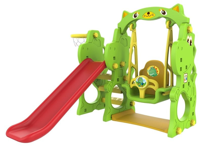 Lauko žaidimų rinkinys su čiuožykla ir sūpynėmis „DINO“ (HDPE) su krepšinio lanku