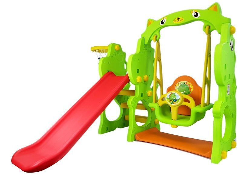 Lauko žaidimų rinkinys su čiuožykla ir sūpynėmis „DINO“ (HDPE) su krepšinio lanku