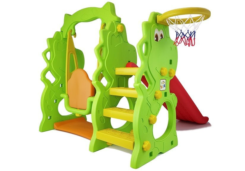 Lauko žaidimų rinkinys su čiuožykla ir sūpynėmis „DINO“ (HDPE) su krepšinio lanku