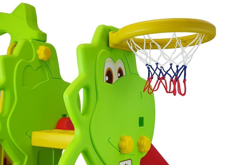 Lauko žaidimų rinkinys su čiuožykla ir sūpynėmis „DINO“ (HDPE) su krepšinio lanku