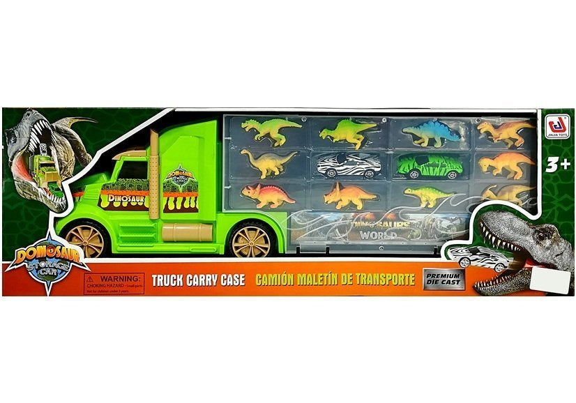 Sunkvežimis transporterio–rūšiuoklės lagaminas su dinozaurais, žalias