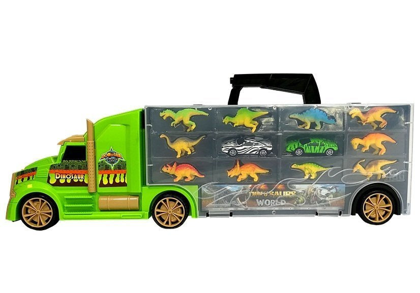 Sunkvežimis transporterio–rūšiuoklės lagaminas su dinozaurais, žalias