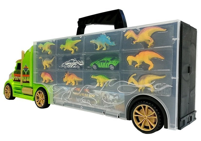 Sunkvežimis transporterio–rūšiuoklės lagaminas su dinozaurais, žalias