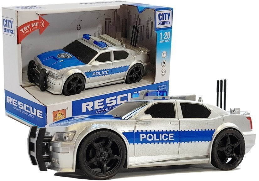 Policijos automobilis su baterija 1:20, sidabrinis, šviesos ir garsai