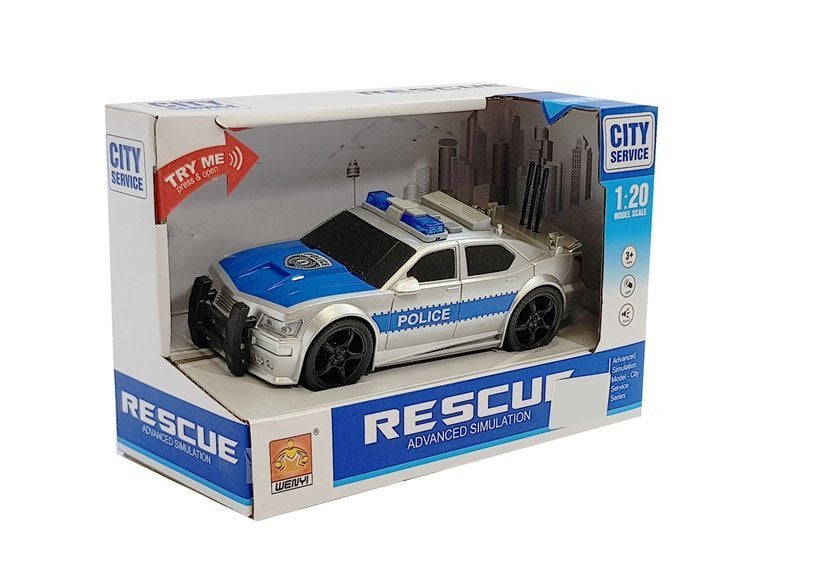 Policijos automobilis su baterija 1:20, sidabrinis, šviesos ir garsai