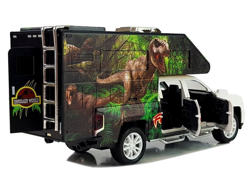 Kempinginis automobilis su dinozaurais, baltas