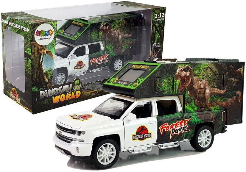 Kempinginis automobilis su dinozaurais, baltas