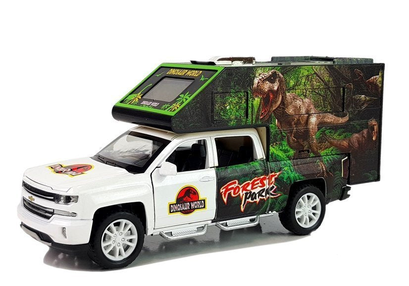 Kempinginis automobilis su dinozaurais, baltas