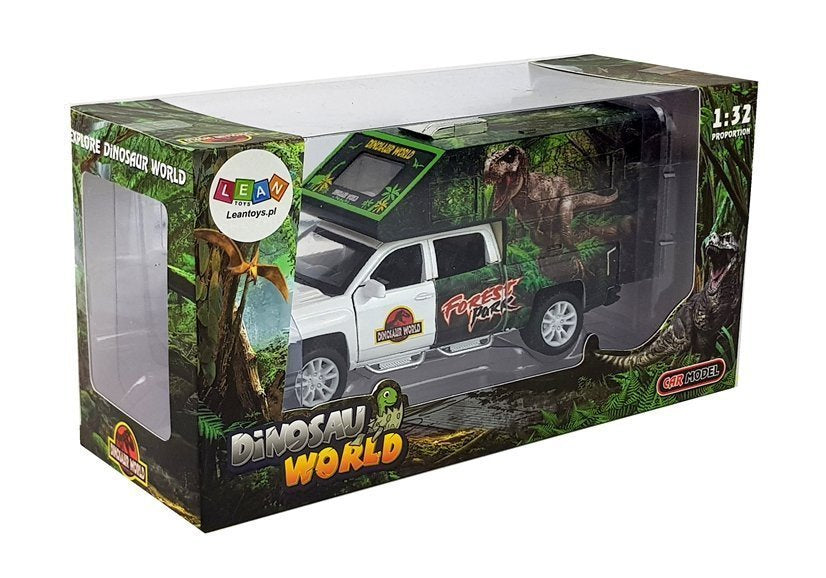 Kempinginis automobilis su dinozaurais, baltas