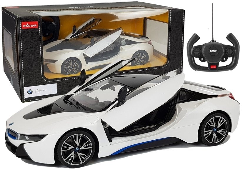 Nuotoliniu būdu valdomas „BMW i8“ Rastar 1:14, juodas su automatinėmis durelėmis