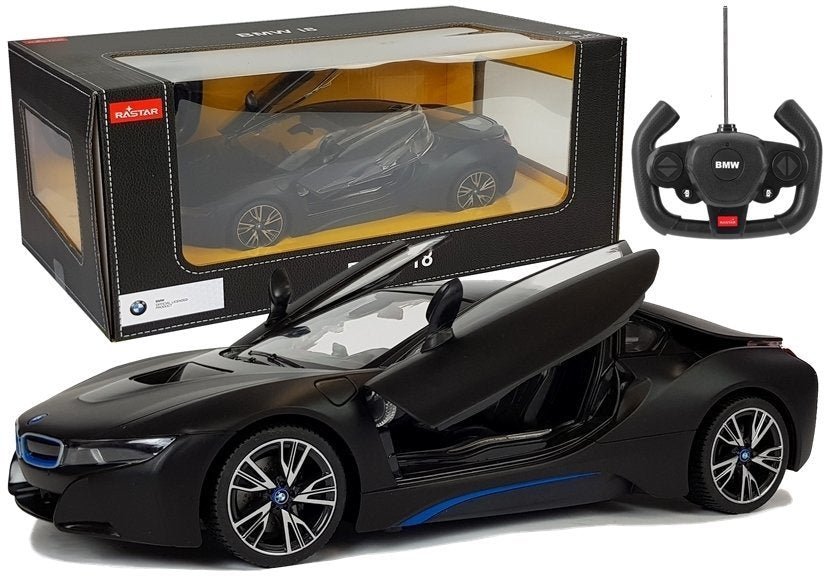 Nuotoliniu būdu valdomas „BMW i8“ Rastar 1:14, juodas su automatinėmis durelėmis