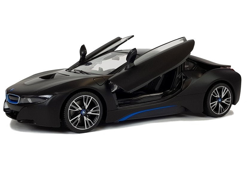 Nuotoliniu būdu valdomas „BMW i8“ Rastar 1:14, juodas su automatinėmis durelėmis