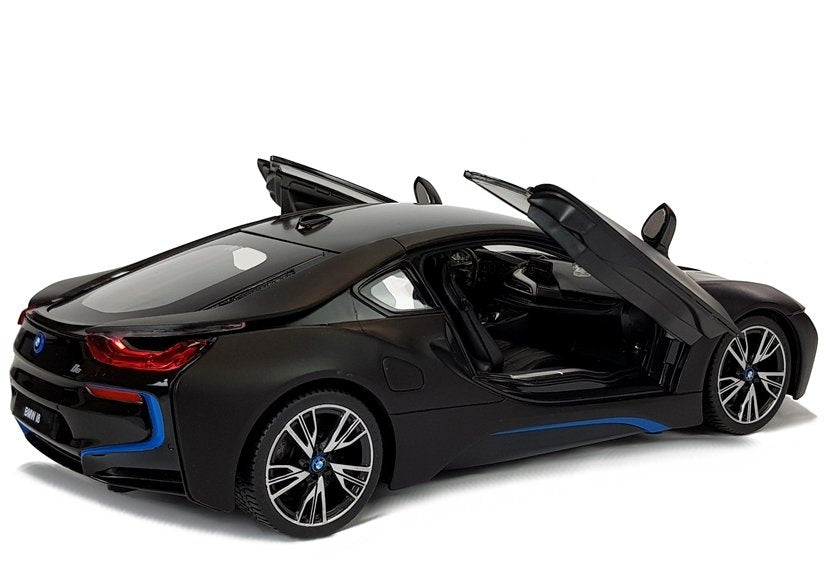 Nuotoliniu būdu valdomas „BMW i8“ Rastar 1:14, juodas su automatinėmis durelėmis