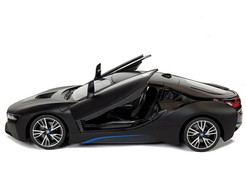 Nuotoliniu būdu valdomas „BMW i8“ Rastar 1:14, juodas su automatinėmis durelėmis