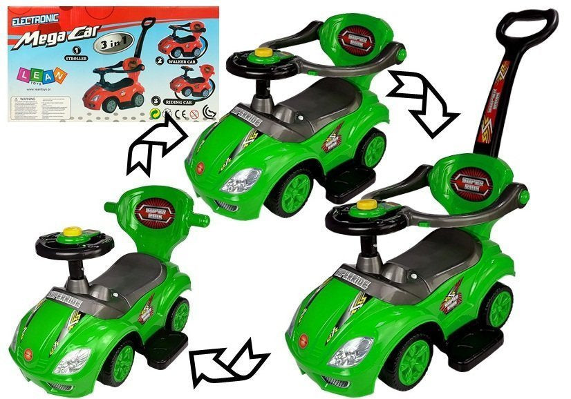 Stumiamas 3in1 vaikiškas automobilis su rankena tėvams, žalias