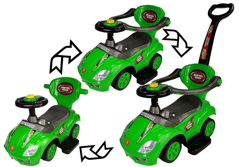 Stumiamas 3in1 vaikiškas automobilis su rankena tėvams, žalias