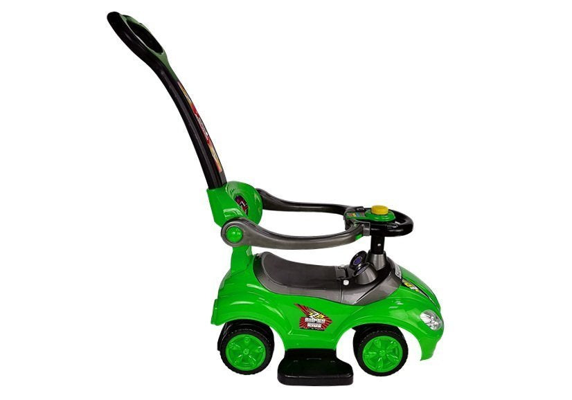 Stumiamas 3in1 vaikiškas automobilis su rankena tėvams, žalias