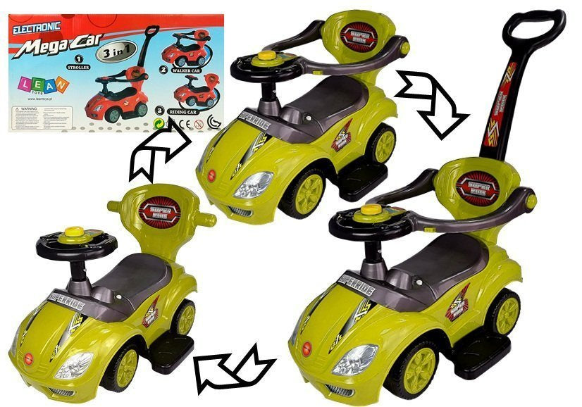 Stumiamas 3in1 vaikiškas automobilis su rankena tėvams, geltonas