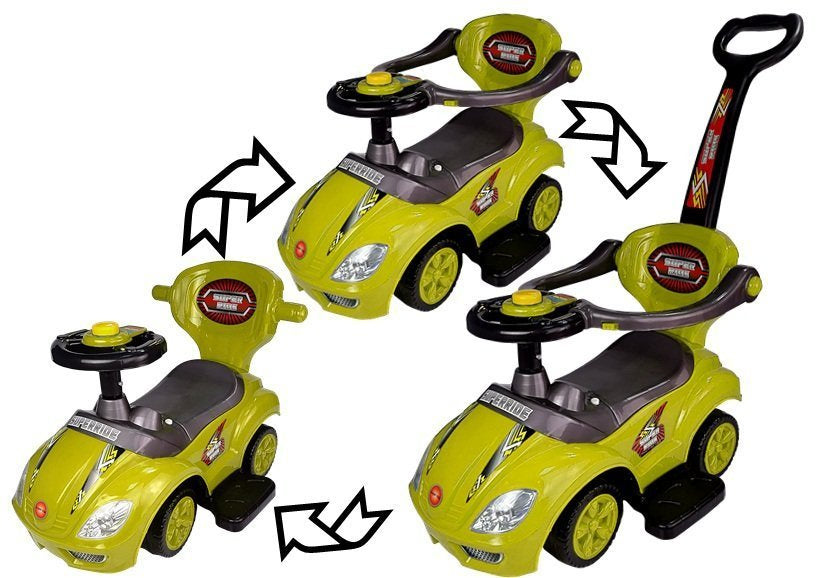 Stumiamas 3in1 vaikiškas automobilis su rankena tėvams, geltonas