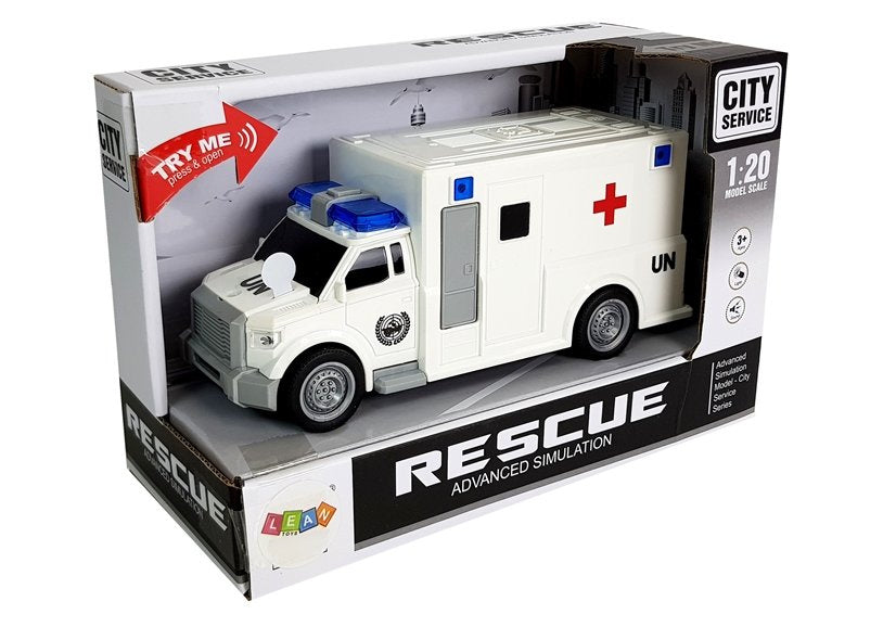 Greitosios pagalbos automobilis su užvedimu, baltas 1:20 su garsu