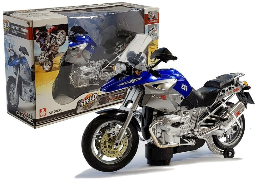 Motociklas su baterija, mėlynas su šviesomis ir muzika