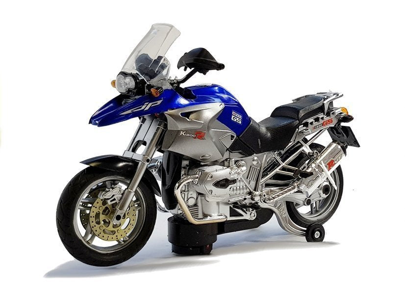 Motociklas su baterija, mėlynas su šviesomis ir muzika
