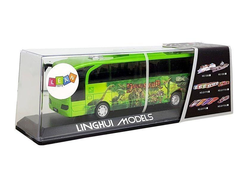 „Jurassic Park“ autobusas (žalias, su dinozaurais), spyruoklinis, su šviesomis ir garsu